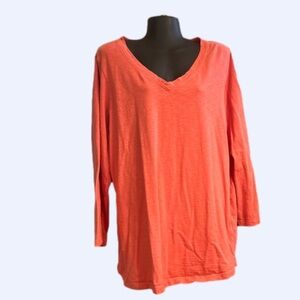 NWOT Large Roaman’s melon pink long sleeve scoop v-neck pull over shirt